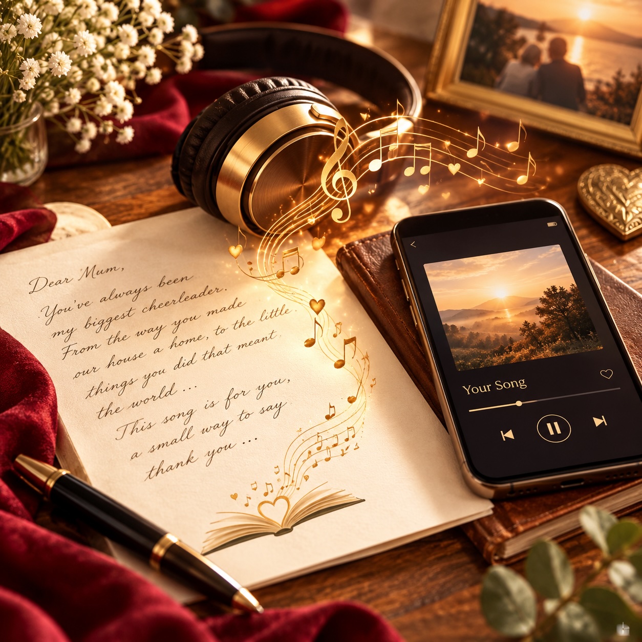 Product artwork for Your Personalised Song — a handwritten letter to Mum on cream parchment with a fountain pen, champagne-gold headphones, glowing golden musical notes rising from an open book, and a phone playing Your Song